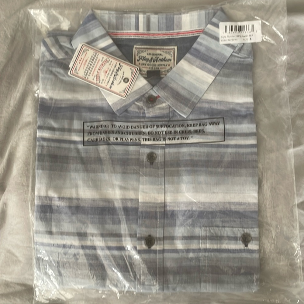 Brand new never opened Flag & Anthem dry good supply button down L blue
